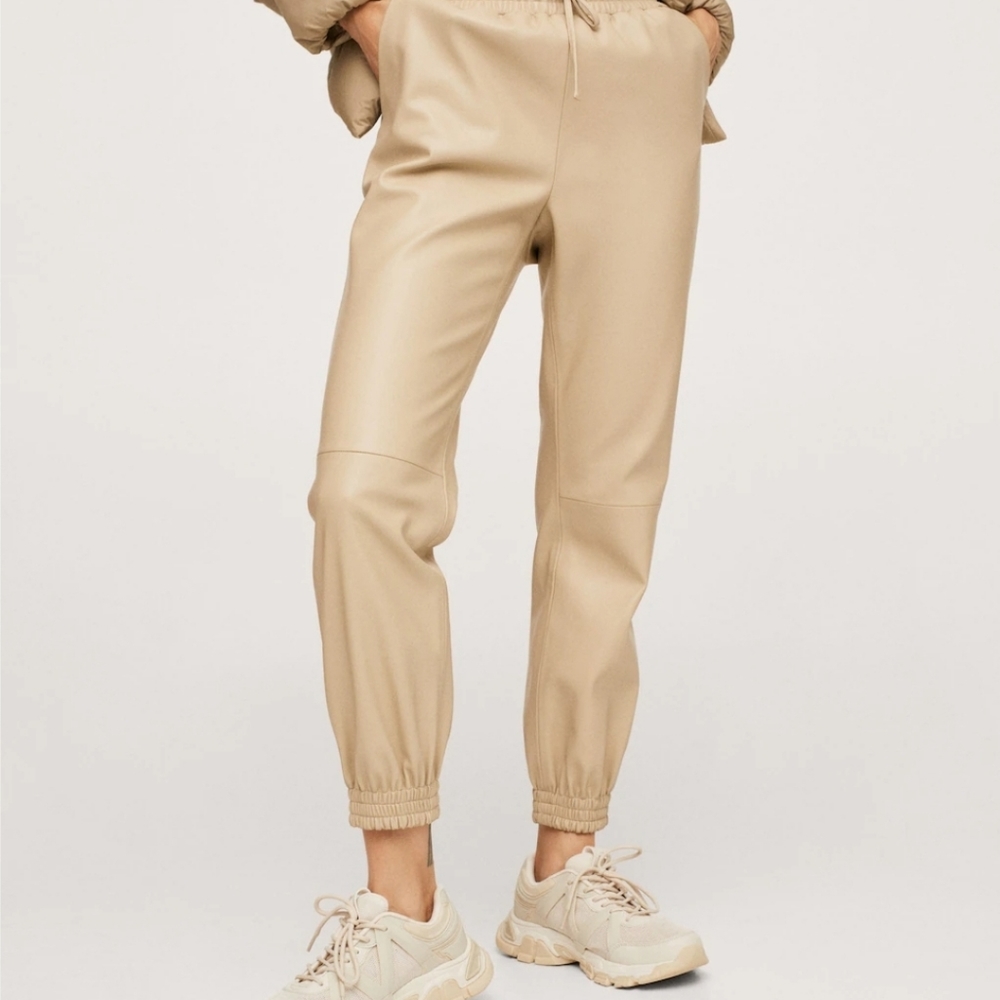Mango Leather Joggers with elastic waist band in Nude color size S.